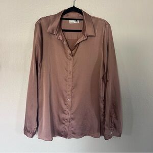 Everleigh Copper Brown Satin Button Down Blouse | Size XL